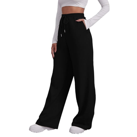 Zjunqe Wide Leg Yoga Sweatpants for Women Casual Loose Jogger Pants Drawstring High Waisted Lounge Pants Plus Size Soft Loungewear Trousers Workout Yoga Sports Sweat Pants with Pockets Black L