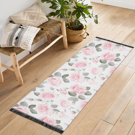 Runner Rug 2'x6' Hallway Area Rugs Pink Rose Flowers Vintage Non Slip Entryway Runner Carpet with Tassels Living Room Bedroom