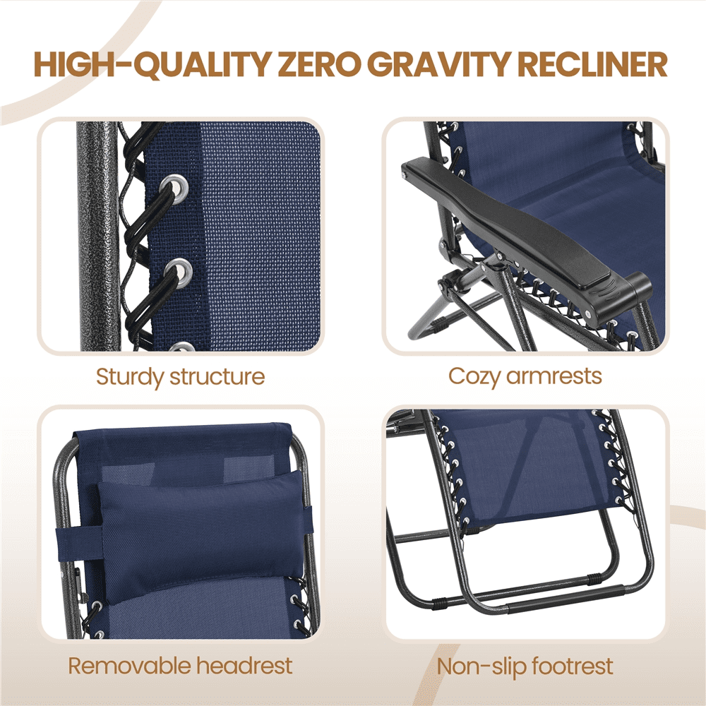 Renwick 26in Outdoor Zero Gravity Recliners with Cupholder, Set of 2, Navy Blue
