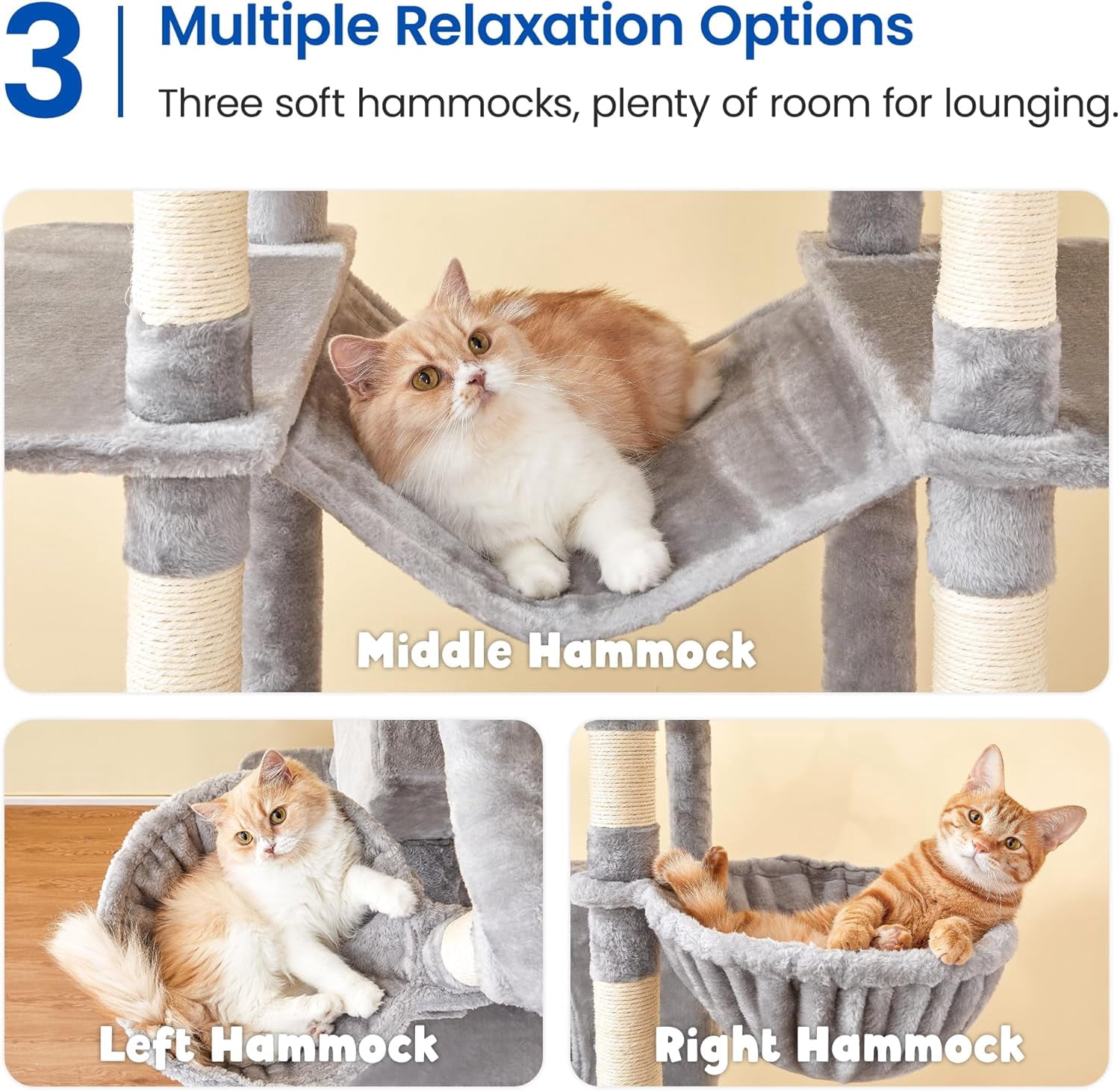 WSWJY Extra Large Cat Tree, 77.6-Inch Tall Cat Tower for Indoor Cats with 2 Condos, Multi-Level Cat Stand for Large Cats, 3 Hammocks, Wide Perch, Scratching Posts, Dangling Toys, Light Grey