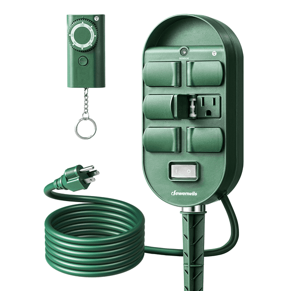 DEWENWILS Outdoor Power Stake Timer with Remote, 100FT Control Range, Photocell Stake Timer with 6FT Extension Cord & 6 Grounded Outlets for Holiday/Christmas Decor, Lights, UL Listed