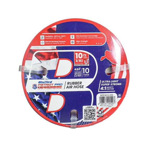 BluBird Patriot Pro Rubber Air Hose - 3/8"x 10' with 1/4" MNPT