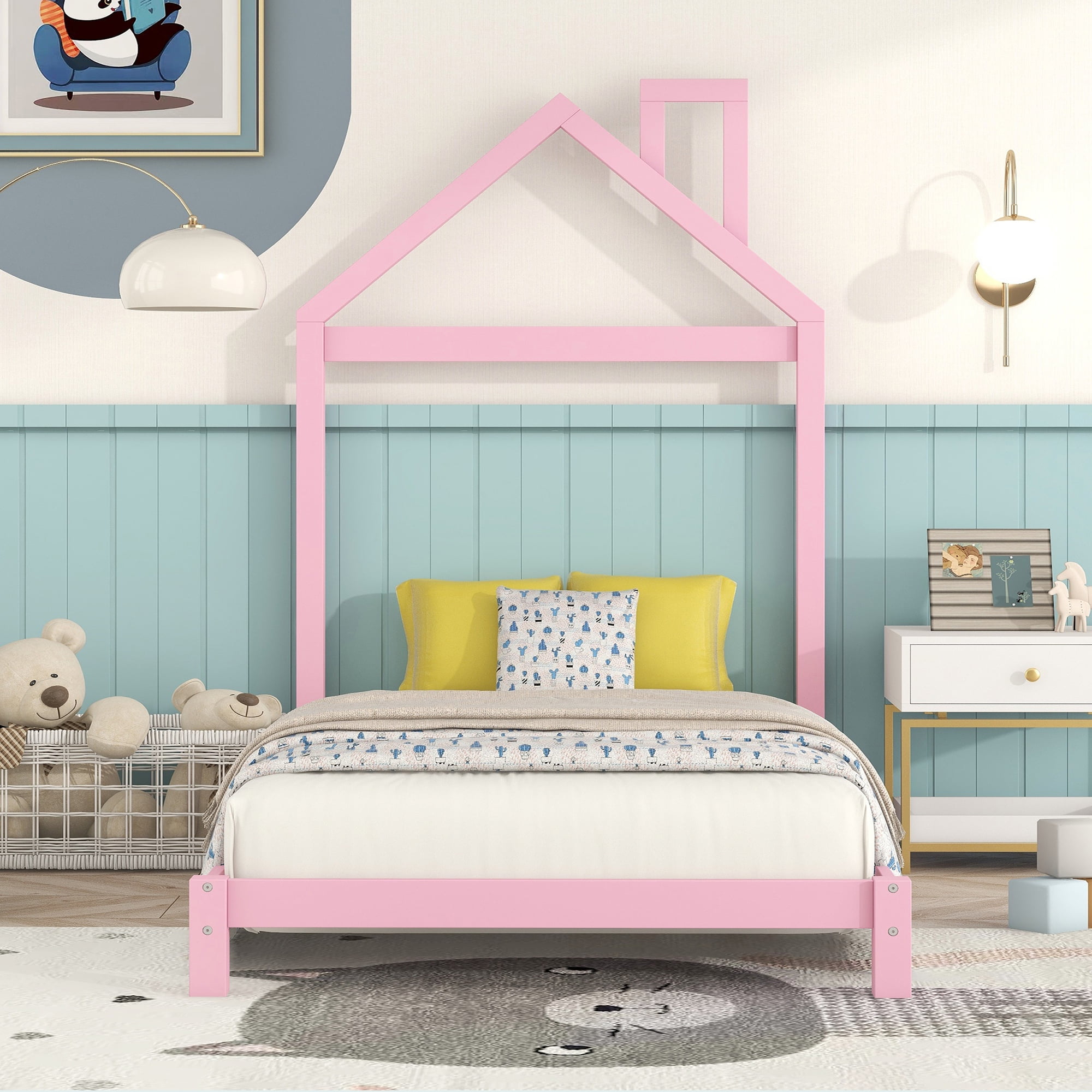 Bellemave Twin Size Kids Bed Frame with House-Shaped Headboard, Solid Wood Toddler Platform Bed with Slats for Girls Boys, No Box Spring Needed (Pink)