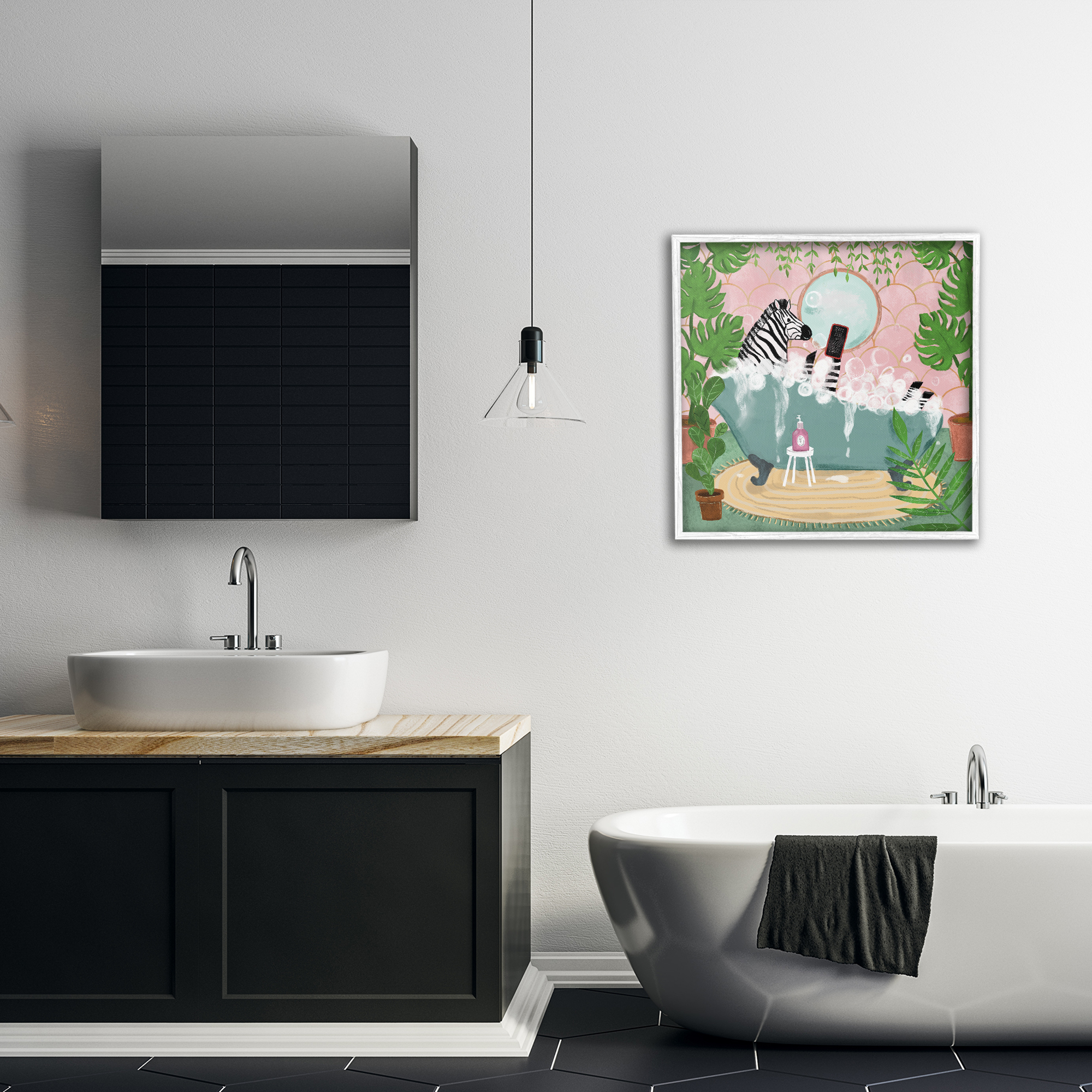 Stupell Industries Zebra Fun Bath Time Typography Painting White Framed Art Print Wall Art, 24 x 24