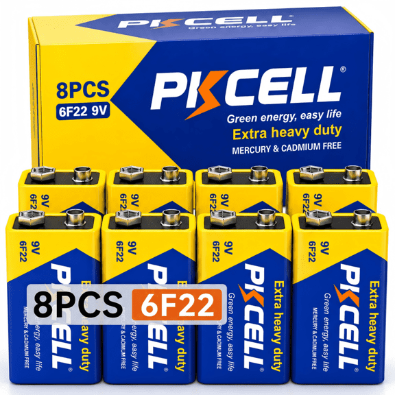 PKCELL Carbon Zinc 9V 6F22 Batteries 8-Pack, Ultra Long-Lasting 9 Volt Batteries with Leak-Proof Design Perfect for Smoke Detectors