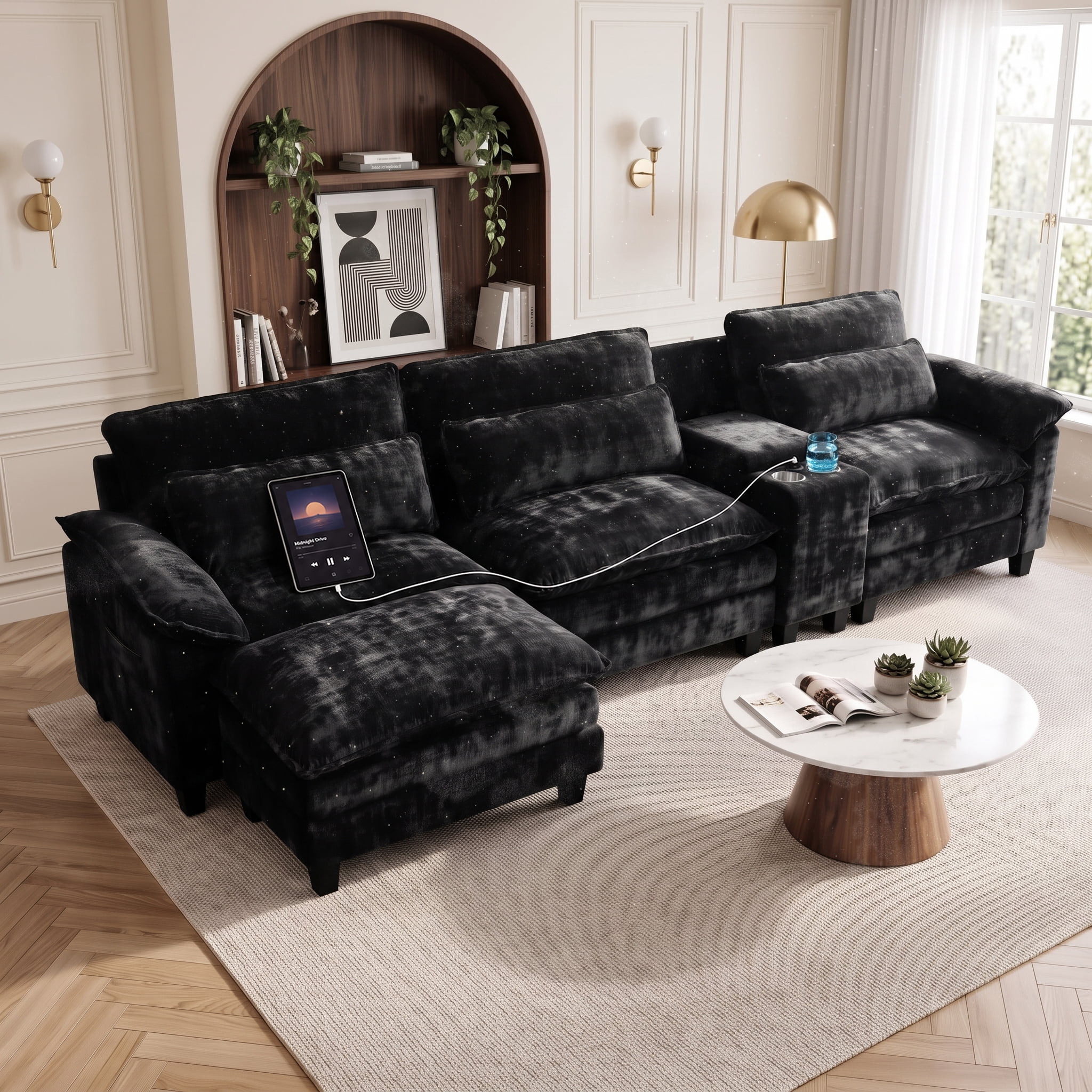 AISWORD 119" Cloud Modular Sectional Couch, L‑Shaped Deep Wide Seat Sofa with Ottoman, USB Charging Port, Throw Pillows, Modern Chenille Living Room Furniture, Black
