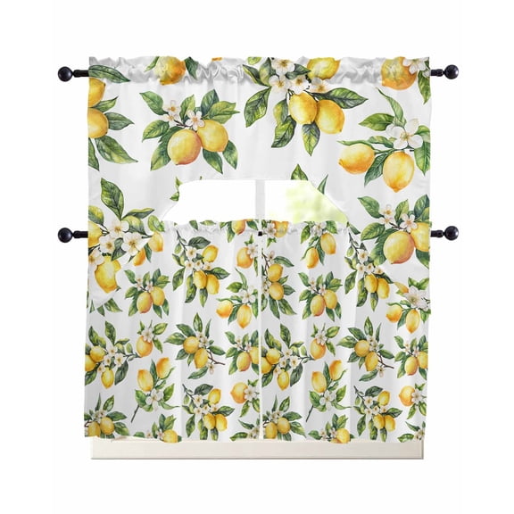 Yellow Lemon Kitchen Curtains Swag Valance and Tier Curtains Set 24 Inch Length, Farmhouse Spring Botanical Flowers Leaves Rod Pocket Drape Panels Pair Swag Curtain for Bathroom/Cafe/Window