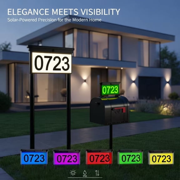 2 IN 1 Solar Address Sign 12 Color Changing Light LED Outdoor Yard Lighted House Numbers Waterproof Illuminated Address Plaque with Stakes 20 LEDs 2 Ways for Outside Street