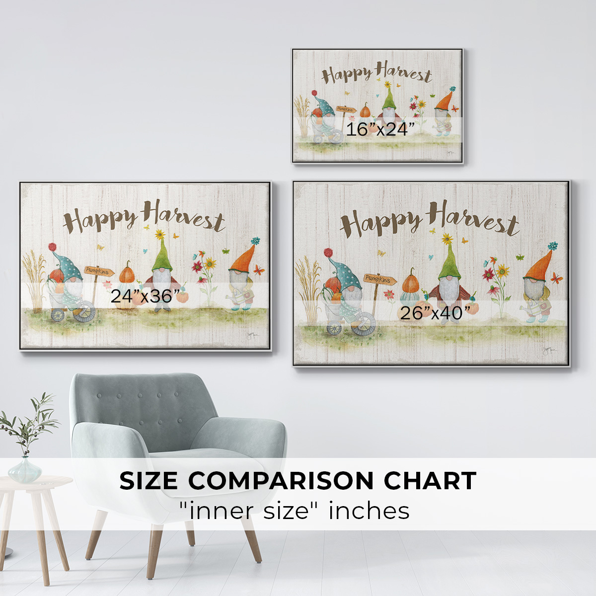 Gnome Harvest - Framed Gallery Wrapped Holiday Canvas - 27 x 41 - White Frame