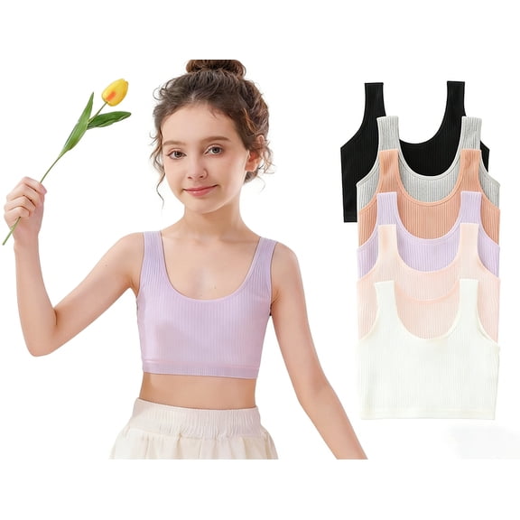 Girls 6PCS Seamless Training Bras, Cotton Stretch Cami Crop Bralettes, Striped Sports Vest Soft Breathable Youth Bra for Daily Wear