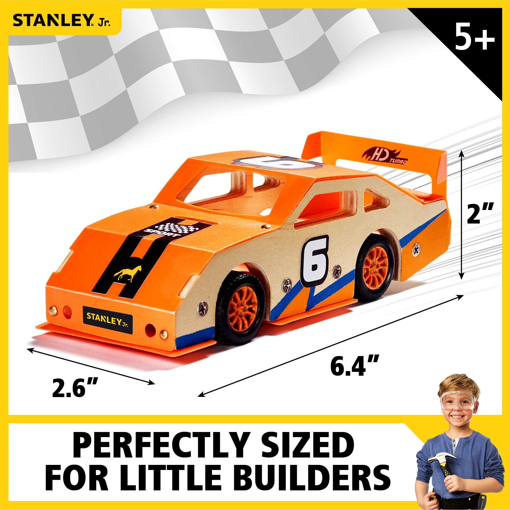 STANLEY Jr. Custom Orange Race Car - DIY Woodworking Model Kits for Kids - Easy to Assemble Race Car Building Set - Wood Race car Kit - Wooden Crafts - Paint & Decals Included