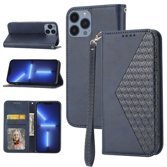 For iPhone 15 Pro Max Case, Retro Style Wallet Case Magnetic Clasp Card Slots Holds,Full Body Protective PU Leather Anti-Scratch Phone Cover With Wristband,for Apple iPhone 15 Pro Max - Blue