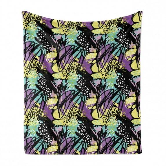 Abstract Soft Flannel Fleece Throw Blanket, Brush Strokes Modern Art Illustration with Stripes and Splashes, Cozy Plush for Indoor and Outdoor Use, 60" x 80", Yellow Purple, by Ambesonne