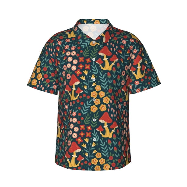 Fotbe Mushrooms And Flowers Camisa Hawaiana para Hombre Unisex – Camisa Casual de Verano con Botones de Manga Corta de Algodón y Lino,Large