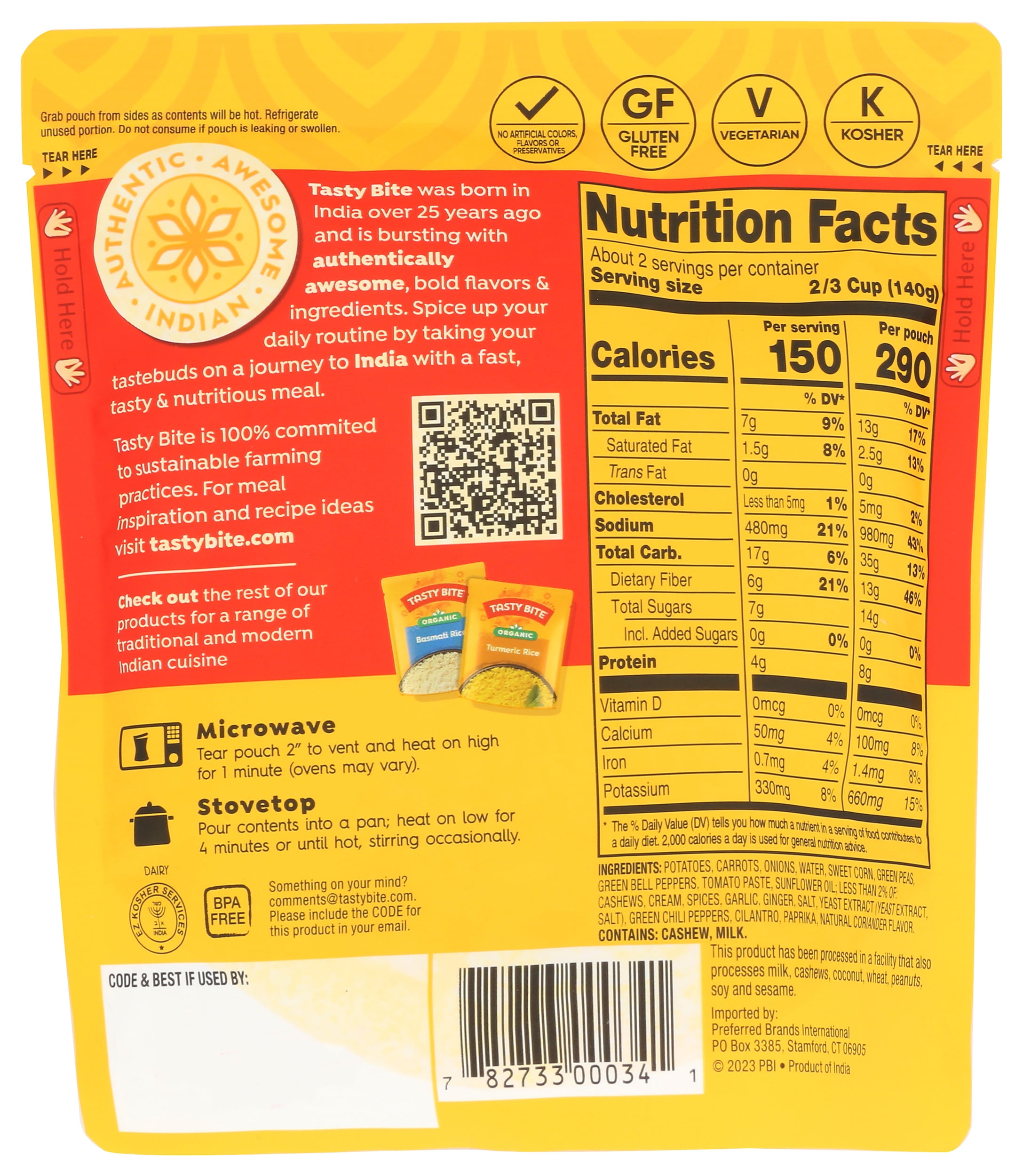 Pack of 6, Tasty Bite Vegetable Tikka Masala, 10 oz