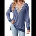 thumbnail image 3 of Blusas de Otoño para Mujer, con Escote en V, Encaje, Larga, Holgadas, con Ribete de Bloques de Color, Moda 2025 Azul M, 3 of 10