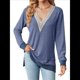 thumbnail image 3 of Blusas de Otoño para Mujer, con Escote en V, Encaje, Larga, Holgadas, con Ribete de Bloques de Color, Moda 2025 Azul L, 3 of 10