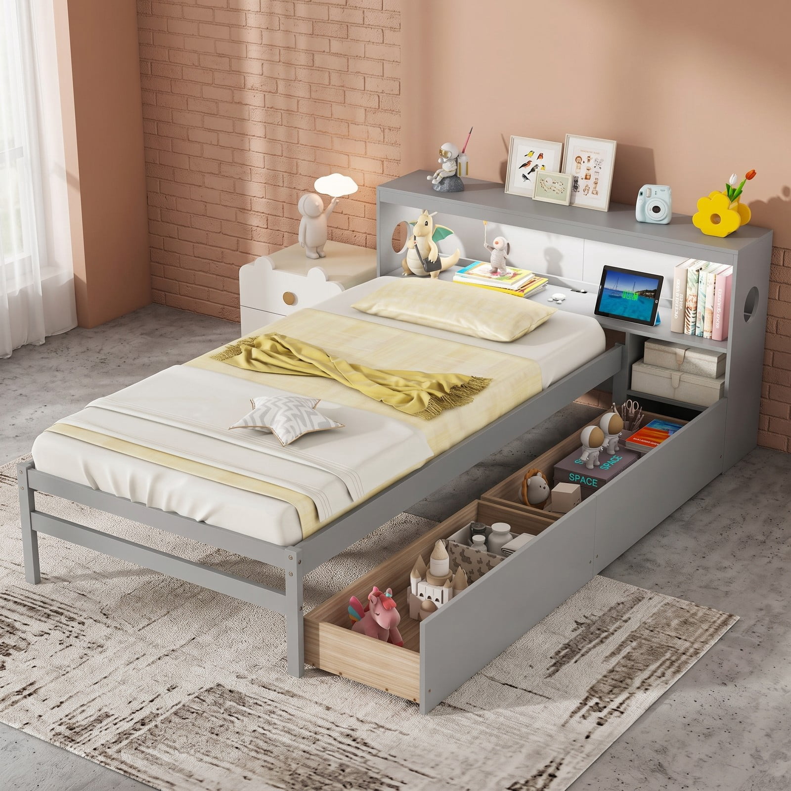 Furnibear Twin Bed Frame with Storage, Wood Bed Frame with LED Bookcase Headboard Nightstand and 2 Drawers for Bedroom, No Box Spring Needed, Gray