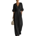 thumbnail image 2 of Women's Light Blue V-Neck Wide-Leg Jumpsuit, Batwing Sleeve Ruched Waist Maxi Jumpsuit Black L, 2 of 3