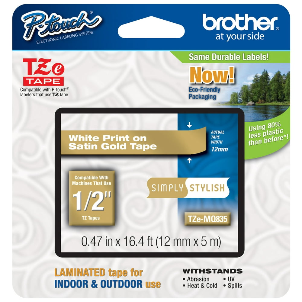 Genuine Brother 1/2" (12mm) White on Satin Gold TZe Ptouch Tape for