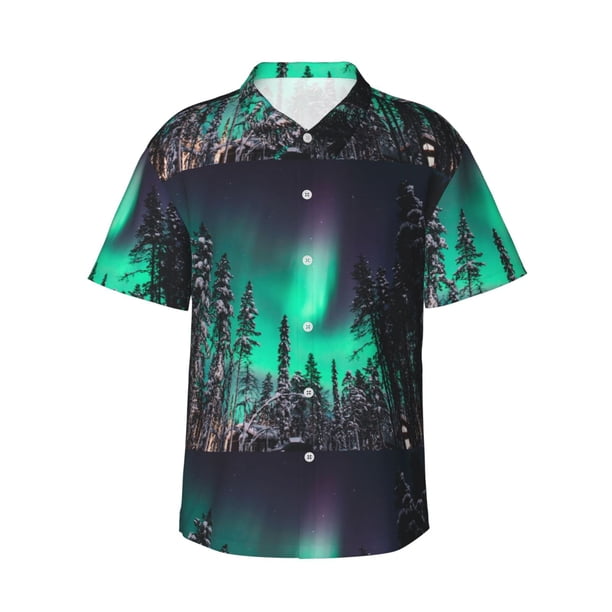 Balery Northern Lights 2 Camisas hawaianas de manga corta para hombre, camisas playeras de corte holgado, camisas de vacaciones con botones,Large