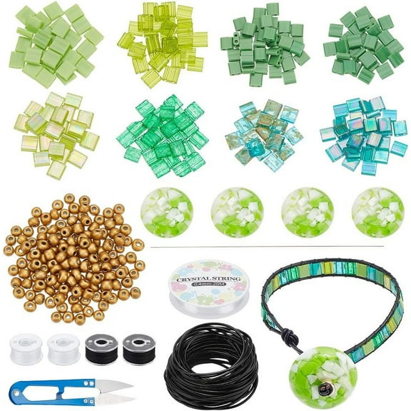 DIY Tile Bracelet Making Kit Including Glass Seed & Resin Flat Round Beads Polyester Bobbin Thread Scissors Green
