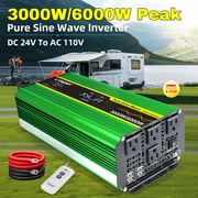 LVYUAN 3000W 6000W Peak Pure Sine Wave Power Inverter Car Converter DC 24V to AC 110V/120V with 4USB & 4AC Outlets, LCD Display, Remote Control for Car, RV, Camping, Outdoor & Home Backup Green