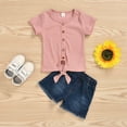 thumbnail image 4 of LNMQLPDBS Short Sets for Girls Solid Color Ribbed Button Decoration Short Sleeve T Shirt & Denim Shorts with Pockets 2pcs Outfits Toddler Girls Clothes Summer Casual Outdoor Suits Pink 3-4 Years, 4 of 6