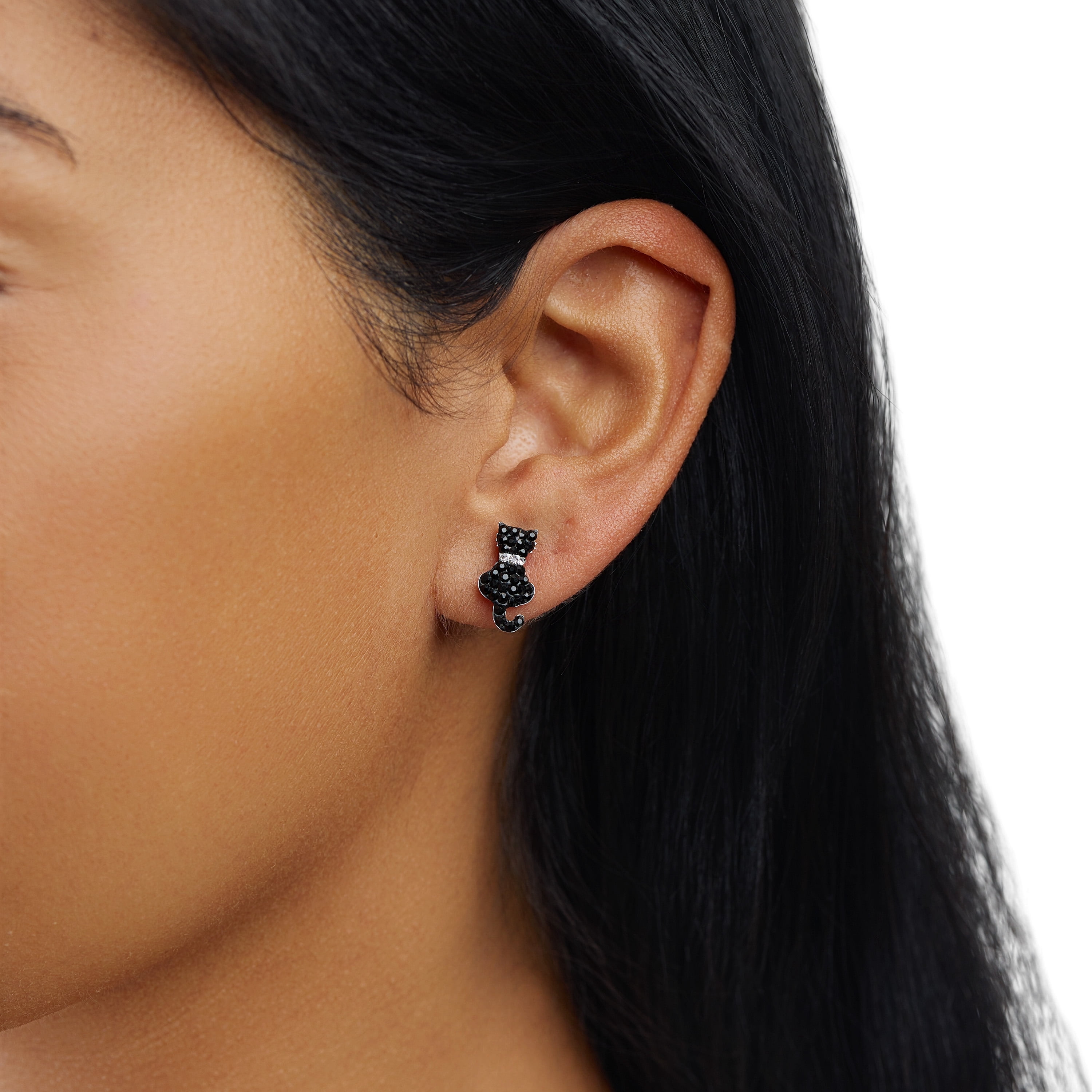 Marisol & Poppy Black Crystal Cat Stud Earrings in Sterling Silver for Women & Teens