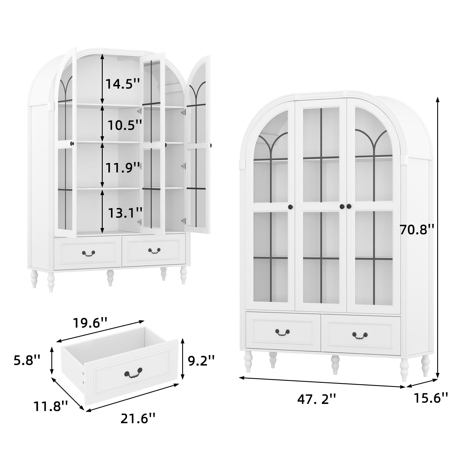 LERANO 70.8'' Tall Arched Kitchen Pantry Cabinet, Modern Display Cabinet with Glass Doors and Adjustable Shelves