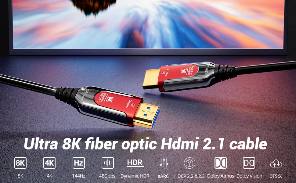16Ft Fiber Optic HDMI Cables 8K 48Gbps, [UPGATED] Metal Armor Jacket, Ultra High Speed HDMI 2.1 Cable, 8K@60Hz 4K@120Hz, Compatible for Playstation 5 PC HDTV, Male-to-Male Black+ Red