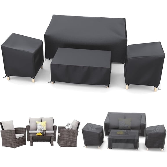 BYXAS 4-Piece Patio Furniture Cover Set, 600D Heavy Duty Waterproof Outdoor Covers, Fits 58" Loveseat, 33" Patio Chairs & 46" Coffee Table, Black