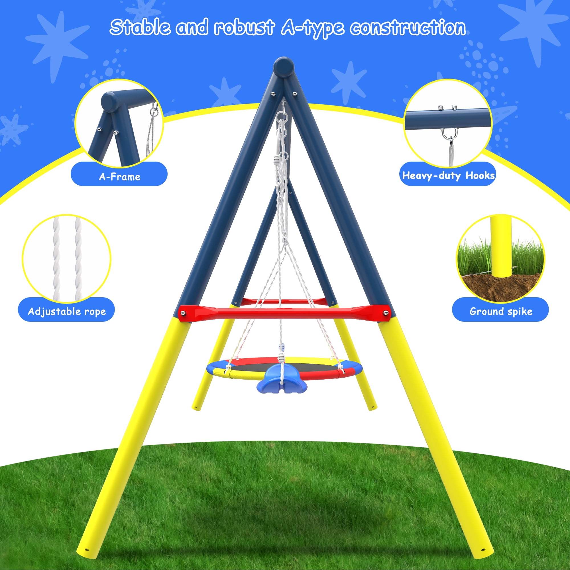 Mersco 2-in-1 Swing Set for Backyard with Stand, Swing Heavy Duty 440lbs Metal Outdoor Swing Stand, Contain 1 Saucer 32" and 1 Belt Seat 26.2" for Playground, Backyard Playset