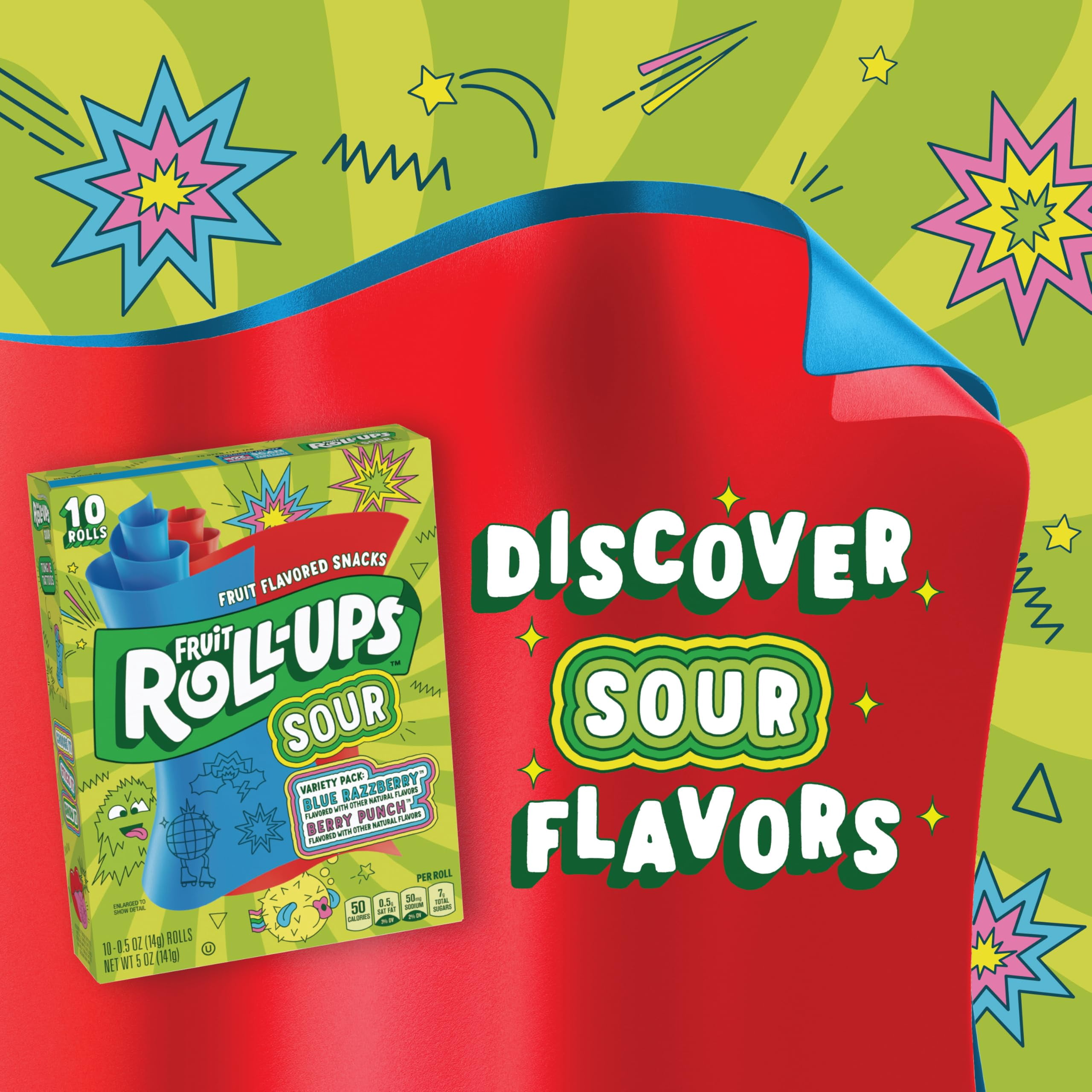 Pack of 2 - Fruit Roll-Ups Sour Fruit Flavored Snacks, Blue Razzberry & Berry Punch Flavors, Variety Pack 5 Oz (10 Count)