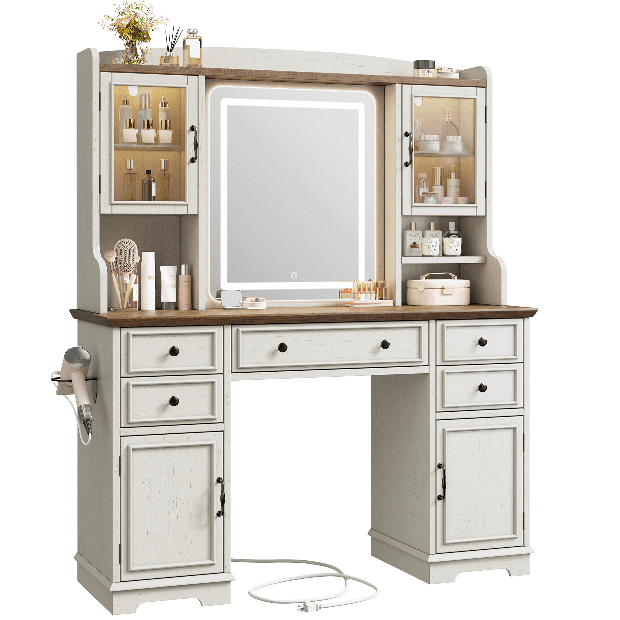 EnHomee Vanity Set with Mirror and Lights Farmhouse Vanity Desk with 5 Drawers & 2 Storage Cabinets Makeup Vanity Table with Lighted Mirror,White
