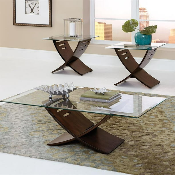Cafe 3 Piece Glass Coffee Table Set In, Wood Glass Coffee Table Sets