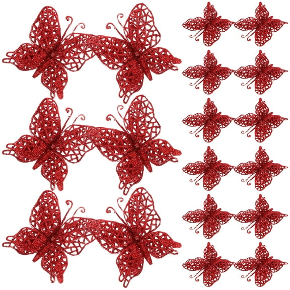SOPOTUTU 24Pcs Red Glitter Hollow-Out Butterfly Christmas Ornaments Decorative Holiday Tree Decorations
