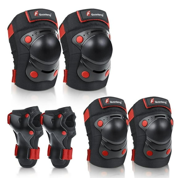 QUANFENG QF Kids Knee Pads and Elbow Pads with Wrist Guards 3 in 1 Protective Gear Set for Children Outdoor Activities, Black Red