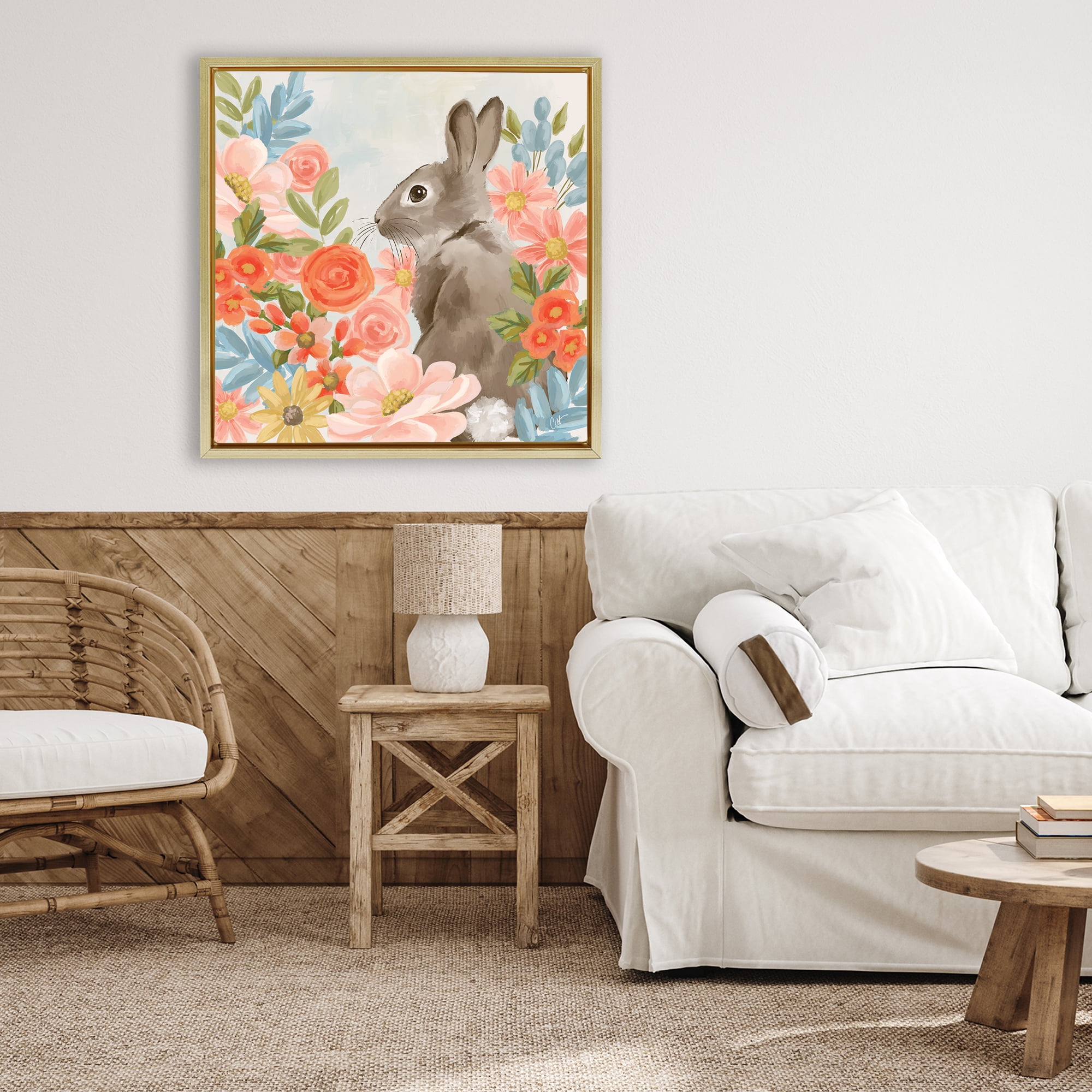 Stupell Industries Bunny In The Blooms Gold Framed Floater Canvas Wall Art, design by Cat Thurman Designs