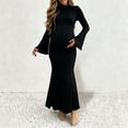thumbnail image 5 of Purcolt Womens Maternity Ribbed Knit Maxi Dress Elegant Ruffled Trim Mock Neck Flare Long Sleeve Mermaid Dress Comfort Stretchy Slim Fit Bodycon Long Dress, 5 of 9