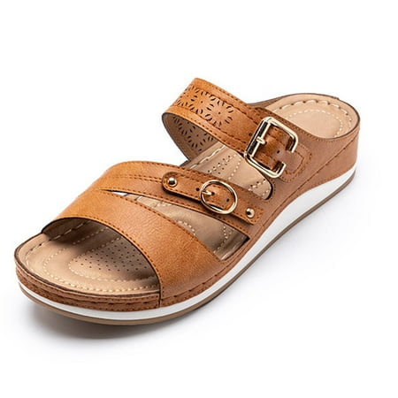 

Fashion Ladies Slippers Non-slip Thickened Flat Platform Sandals with Metal Buckle for Women Summer Outdoor 39 Brown