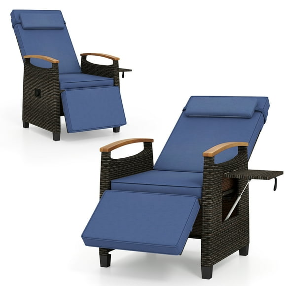 Gymax 2PCS Patio Rattan Lounge Chair PE Wicker Recliner Chair w/ Adjustable Backrest & Footrest Navy