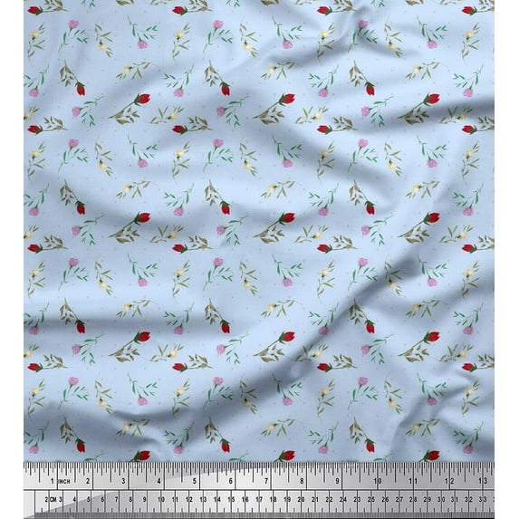 Soimoi Blue Cotton Cambric Fabric Dot & Buds Floral Decor Fabric Printed Yard 42 Inch Wide