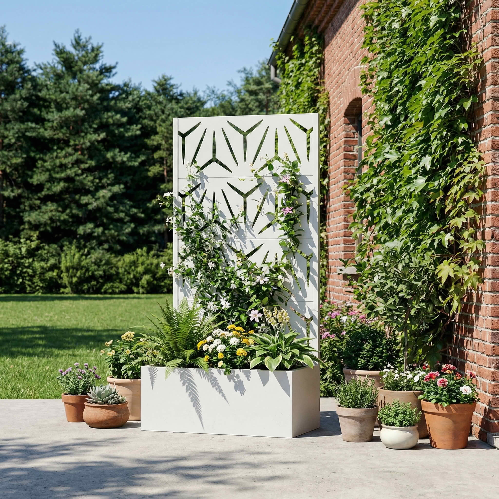 MAYEERTY 59X30" Metal Outdoor White Privacy Screen with Planter Box for Backyard & Garden, 4 Piece Set