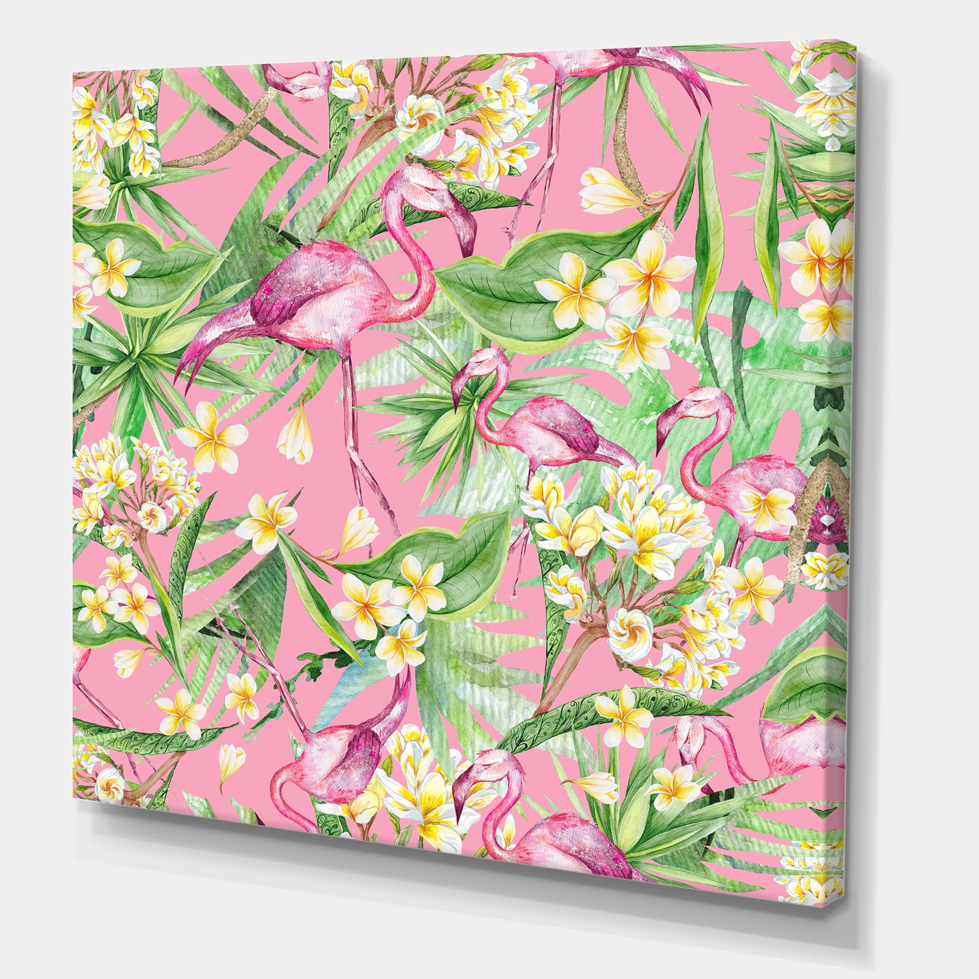 Yellow Flowers, Tropical Foliage With Flamingo III 30 in x 30 in Painting Canvas Art Print, by Designart