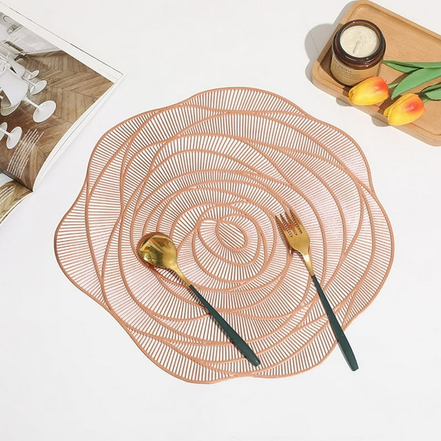 ¡Liquidación! Juego de 6 manteles individuales Lssam de vinilo rosa, redondos, huecos, de plástico PVC prensado, dorados, para mesa de comedor, estilo americano, ligero, de lujo, dorados, decorativos.