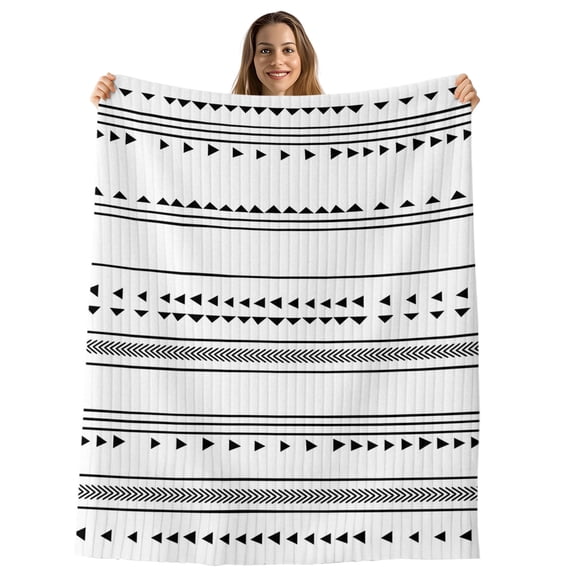 Boho Black White Modern Stripes Throw Blanket, Flannel Fleece Blanket with Striped Design for Couch, Farmhouse Abstract Art Soft Breathable All Season Plush Blankets for Sofa Office Travel 40"x50"