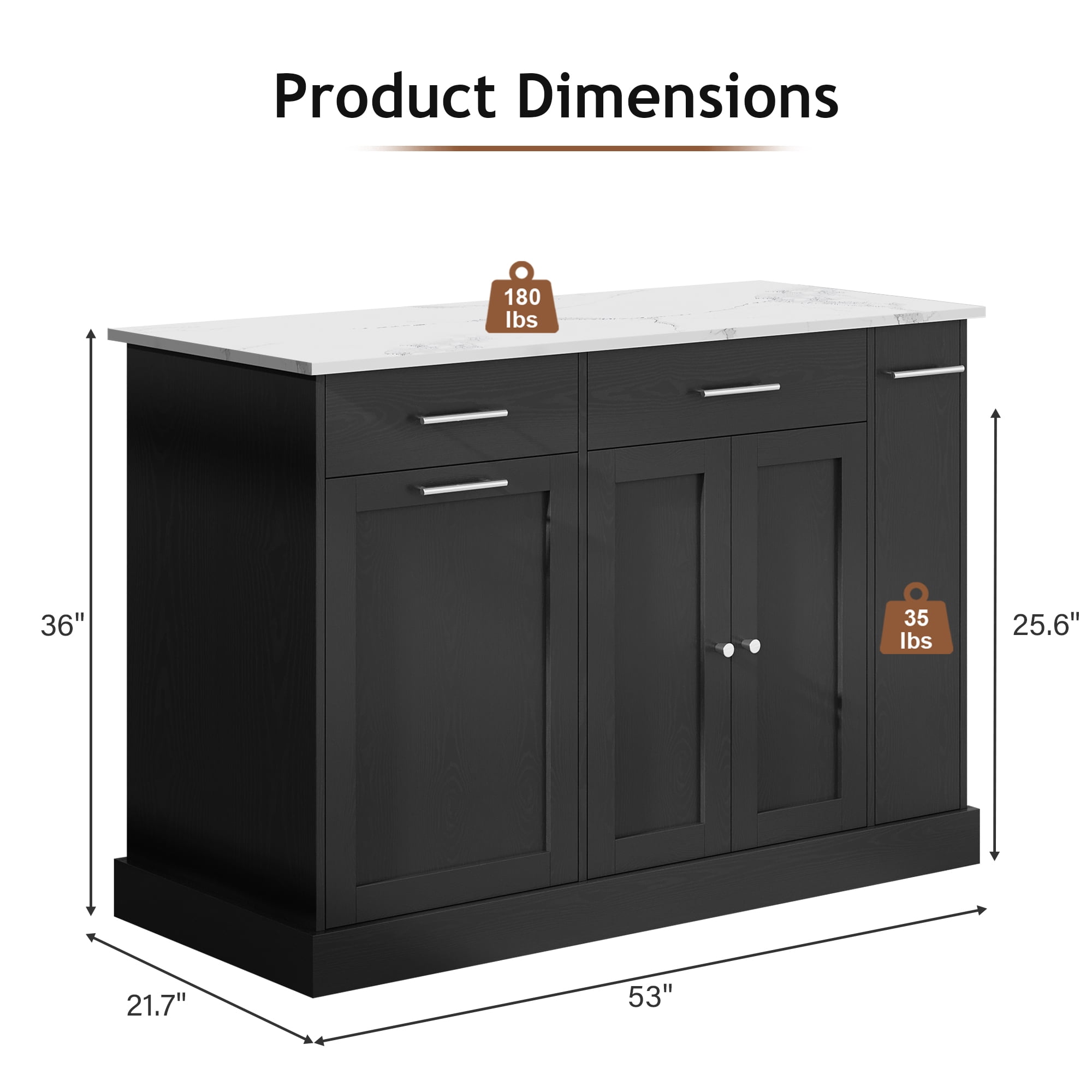 DreamCurship 52" Kitchen Island with Storage, Rolling Kitchen Cart Island with Wheels, Tilt Out Kitchen Trash Cabinet 10 Gallon Storage, 3 Large Spice Racks and 2 Drawers, Black and Marble