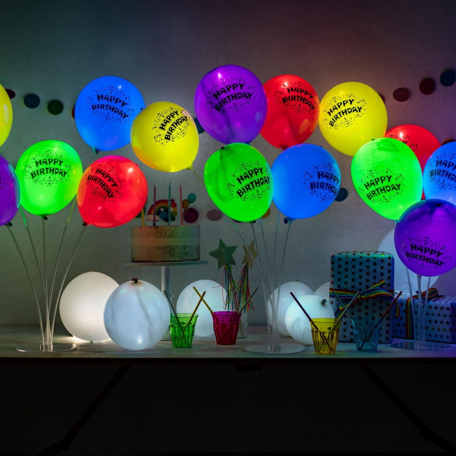 Ballons illuminés illooms à DEL de couleurs mixtes imprimé de « Happy Birthday » Paq. de 15
