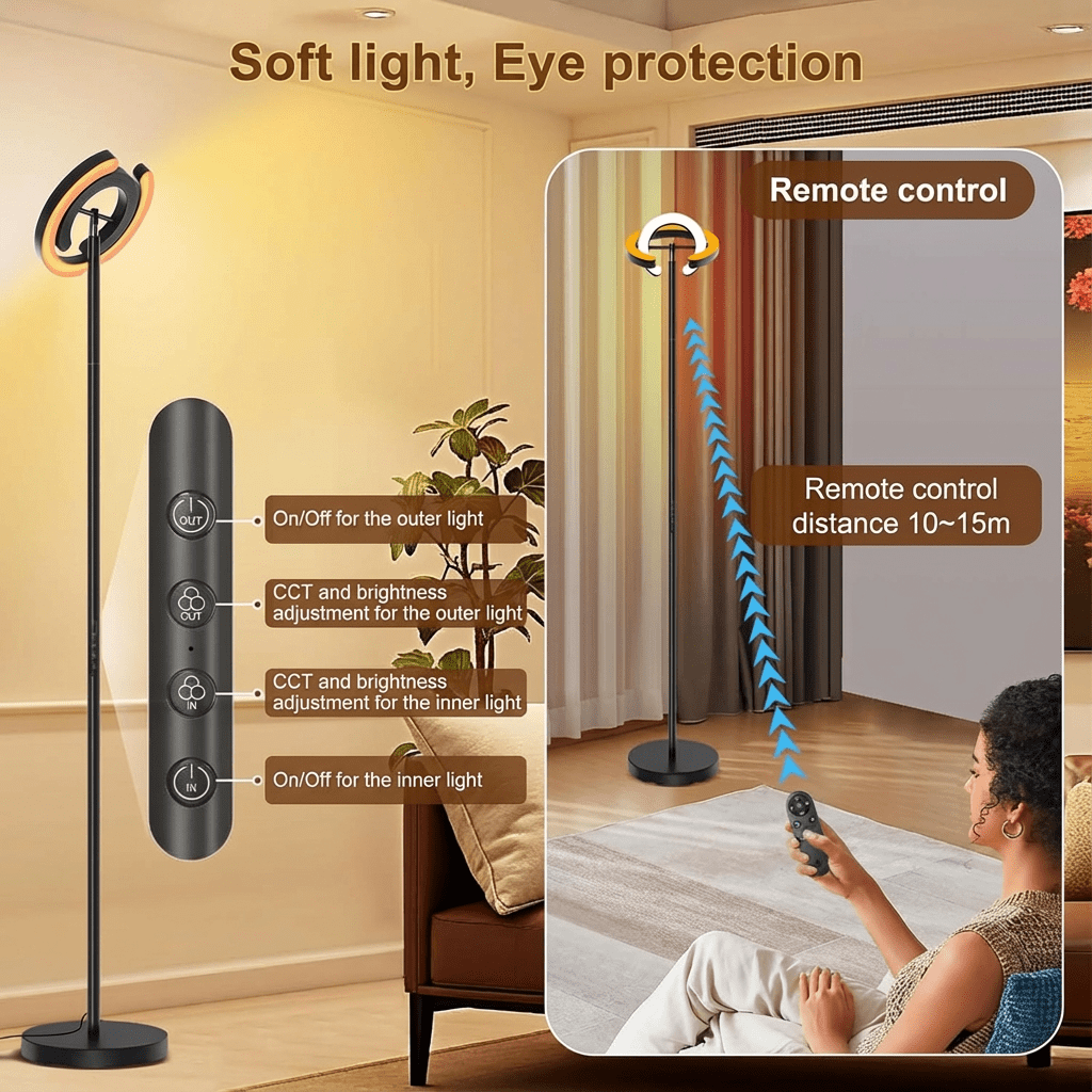 Serbasic Floor Lamp, 36W 2000LM Bright LED Floor Lamps for Living Room, 75.5" Tall Standing Lamp with Rotatable Dual C-Ring Lights, Modern Reading Lamp with Remote & Touch Control for Bedroom Office
